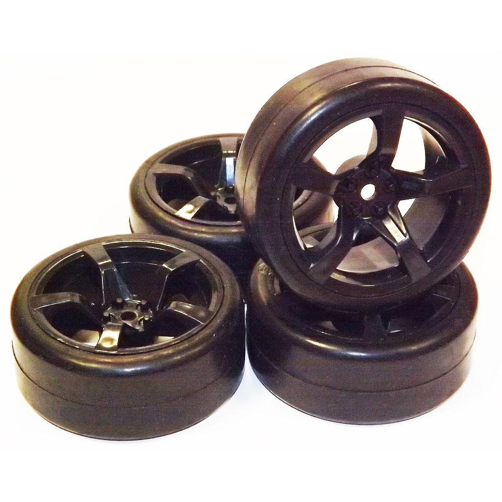 set 4 ruote slicks cerchi neri 5 razze 1/10