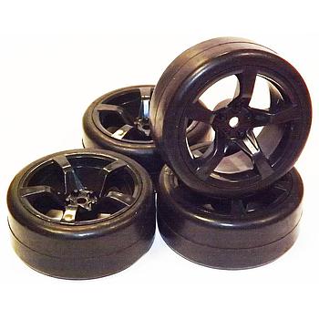 set 4 ruote slicks cerchi neri 5 razze 1/10